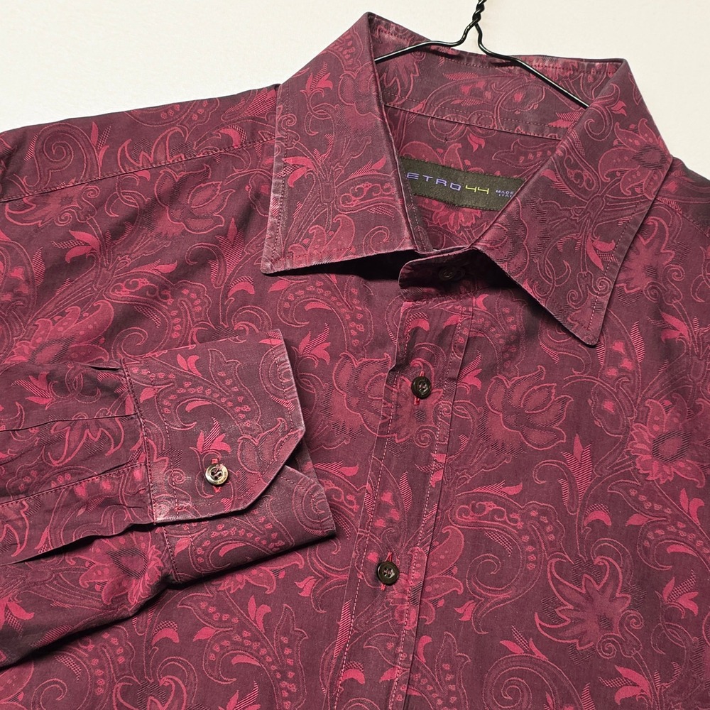 Etro Button Down Shirt Mens 44 Burgundy Paisley Jacquard Made in Italy Luxury
